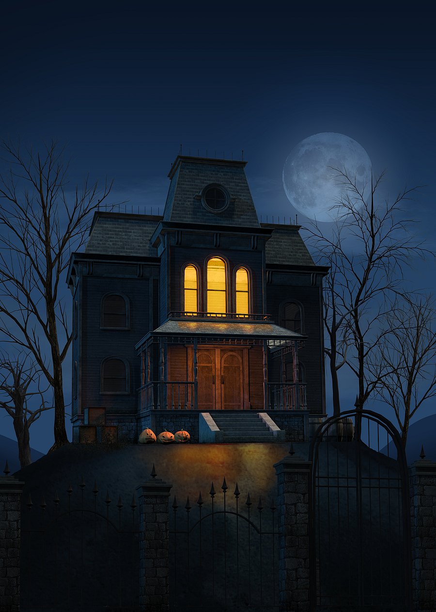 Halloween concept, a spooky haunted ghost house at full moon on a lonely hill, 3d render
Halloween concept, a spooky haunted ghost house at full moon on a lonely hill, 3d render.