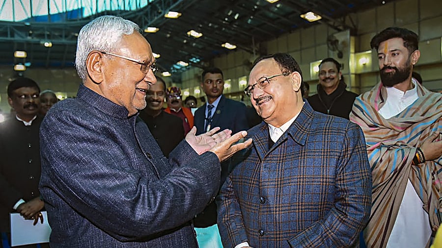 <div class="paragraphs"><p>Patna: BJP National President JP Nadda and JD(U) leader and former Bihar CM Nitish Kumar during the swearing-in ceremony of new state government, at Raj Bhavan in Patna, Sunday, Jan. 28, 2024. </p></div>