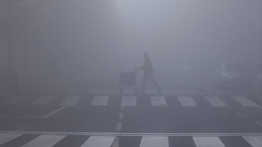 <div class="paragraphs"><p>A man walks with his luggage cart amidst heavy fog at the Indira Gandhi International Airport in New Delhi, December 27, 2023. </p></div>