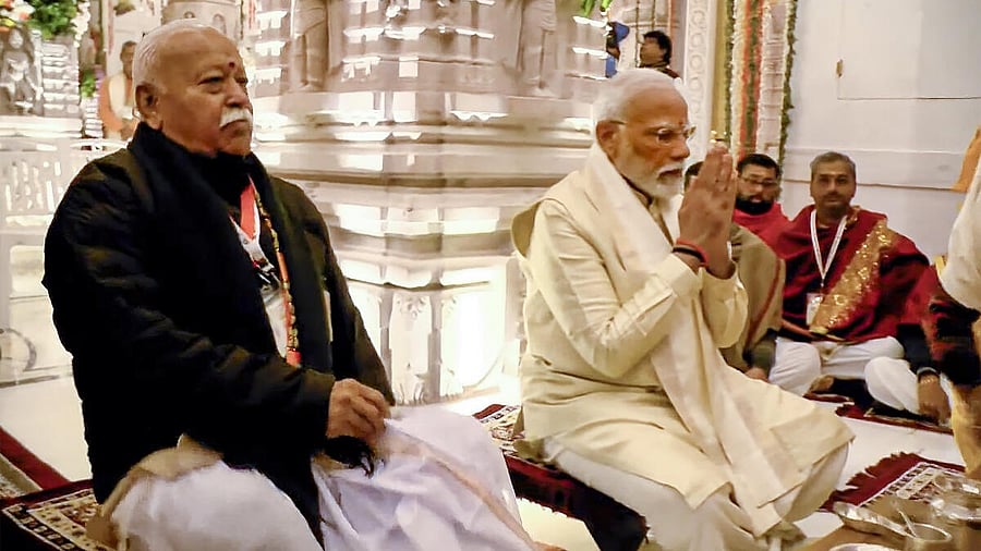 <div class="paragraphs"><p>RSS chief Mohan Bhagwat with PM Narendra Modi at the Ram mandir consecration.</p></div>
