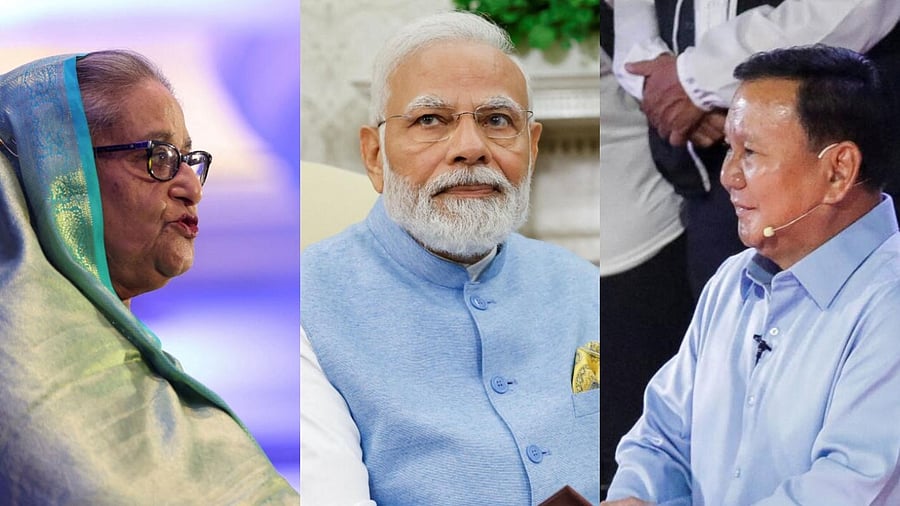 <div class="paragraphs"><p>Bangladesh Prime Minister Sheikh Hasina (L), India Prime Minister Narendra Modi (R) and Indonesia Defence Minister Prabowo Subianto</p></div>