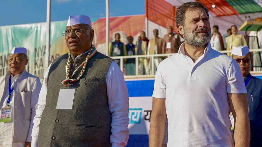<div class="paragraphs"><p>Congress leader Rahul Gandhi with party's President Mallikarjun Kharge during the launch of the 'Bharat Jodo Nyay Yatra', at Khongjom in Thoubal district, Manipur. </p></div>
