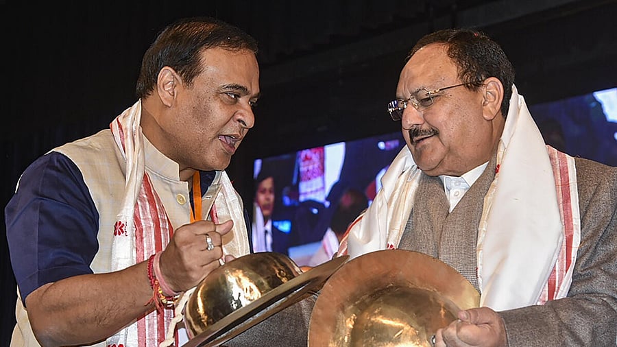 <div class="paragraphs"><p>BJP National President JP Nadda being felicitated with Assamese 'Bhoor Taal' during the party's Assam Pradesh Executive Meeting, in Guwahati, Wednesday, Jan. 10, 2024. Assam Chief Minister Himanta Biswa Sarma is also seen.</p></div>