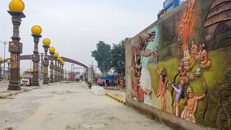 <div class="paragraphs"><p>A graffiti depicting a scene from the Hindu epic Ramayan ahead of the Jan. 22 consecration of the Ram Mandi, at the 'Dharampath' in Ayodhya. </p></div>