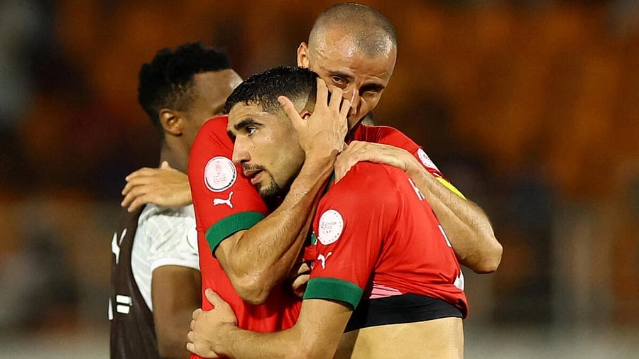 <div class="paragraphs"><p>Morocco's Achraf Hakimi and Romain Saiss look dejected after the match against South Africa.</p></div>