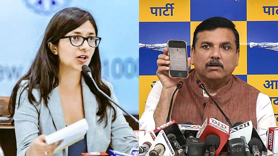 <div class="paragraphs"><p>DCW chief Swati Maliwal and AAP leader Sanjay Singh</p></div>
