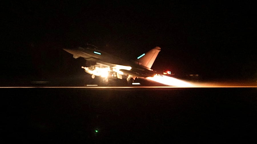 <div class="paragraphs"><p>An RAF Typhoon aircraft takes off to join the U.S.-led coalition from RAF Akrotiri to conduct air strikes against military targets in Yemen, aimed at the Iran-backed Houthi militia that has been targeting international shipping in the Red Sea, in Cyprus, in this handout picture released on January 12, 2024. </p></div>