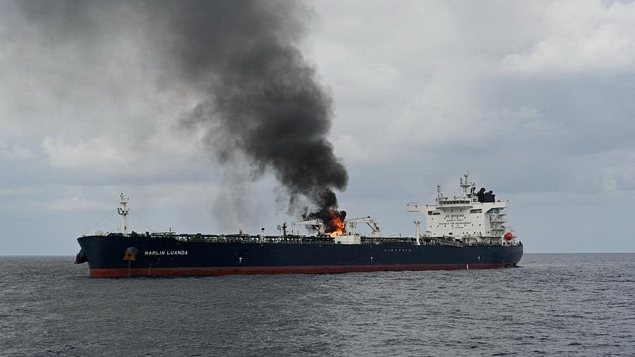 <div class="paragraphs"><p>Smoke rises from Marlin Luanda, merchant vessel, after the vessel was struck by a Houthi anti-ship missile, at the location given as Gulf of Aden, in this handout picture released January 27, 2024. </p></div>