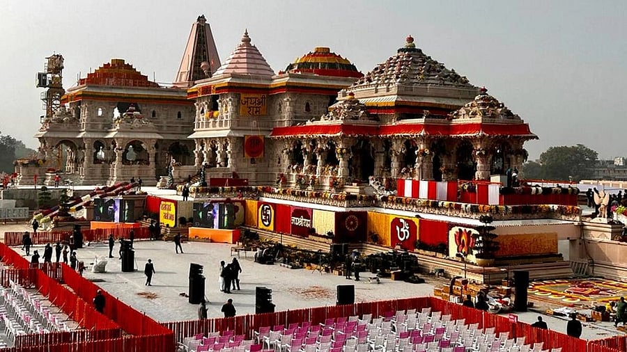 <div class="paragraphs"><p>Ram temple being decorated with flowers on the eve of its consecration ceremony, in Ayodhya, Uttar Pradesh.&nbsp;</p></div>