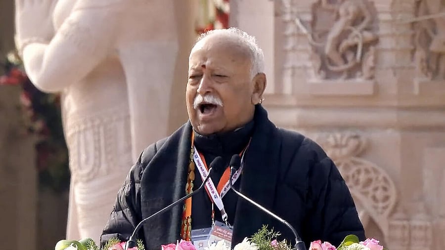 <div class="paragraphs"><p>RSS Chief Mohan Bhagwat adresses after the ‘Pran Pratishtha’ ceremony at the Ram Mandir, in Ayodhya, Monday, Jan. 22, 2024.</p></div>