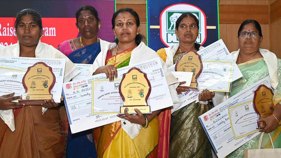 <div class="paragraphs"><p>Awardees Leema Roslein, Parimala Vijayaramesh, A N Rajeshwari, Dabbu Padma, Aligineni Sree Padma were felicitated during the Best Women Dairy Farmer awards ceremony organised by Indian Dairy Association at Karnataka Veterinary Council Hebbal in Bengaluru on Saturday. </p></div>
