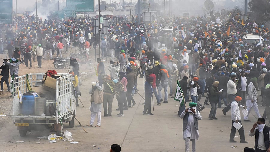 <div class="paragraphs"><p>Police use tear gas to disperse farmers gathered at the Punjab-Haryana Shambhu border during their 'Delhi Chalo' march, in Patiala district, Tuesday, February 13, 2024. </p></div>