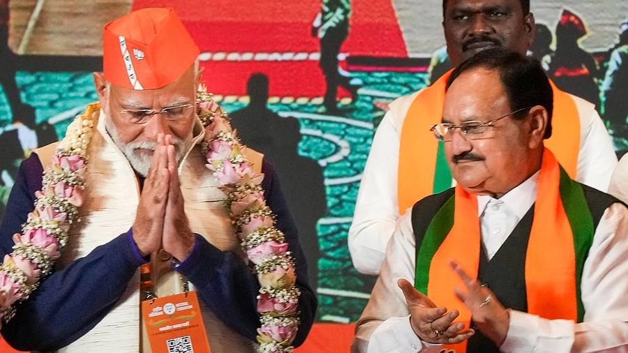 <div class="paragraphs"><p>Prime Minister Narendra Modi and BJP National President JP Nadda during the BJP National Council meeting at the Bharat Mandapam, in New Delhi, Saturday, Feb 17.</p></div>
