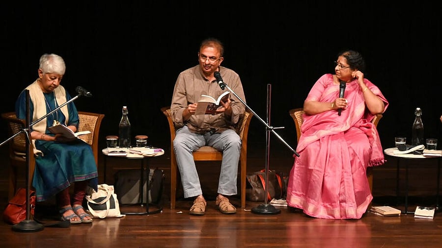 <div class="paragraphs"><p>(From left) Tejaswini Niranjana, Jayant&nbsp;Kaikini and Vanamala Vishwanatha at the panel discussion.&nbsp;</p></div>