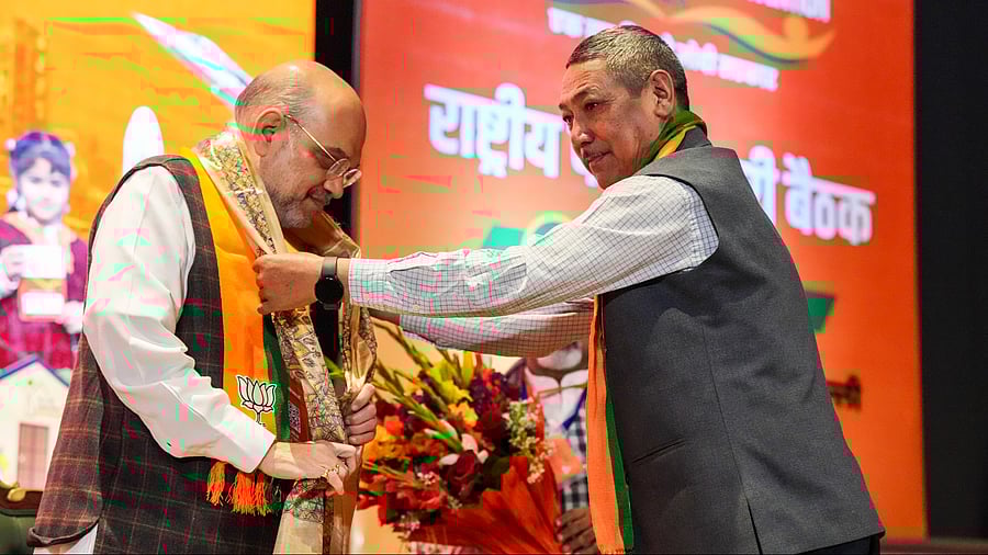 <div class="paragraphs"><p>Union Home Minister Amit Shah being welcomed during the BJP National Council meeting at Bharat Mandapam, in New Delhi, Saturday, Feb. 17, 2024. </p></div>