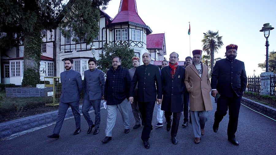 <div class="paragraphs"><p>Leader of Opposition in Himachal Pradesh Assembly Jairam Thakur with BJP MLAs during a visit to Raj Bhavan to meet state Governor Shiv Pratap Shukla, in Shimla, Wednesday, Feb. 28, 2024. </p></div>