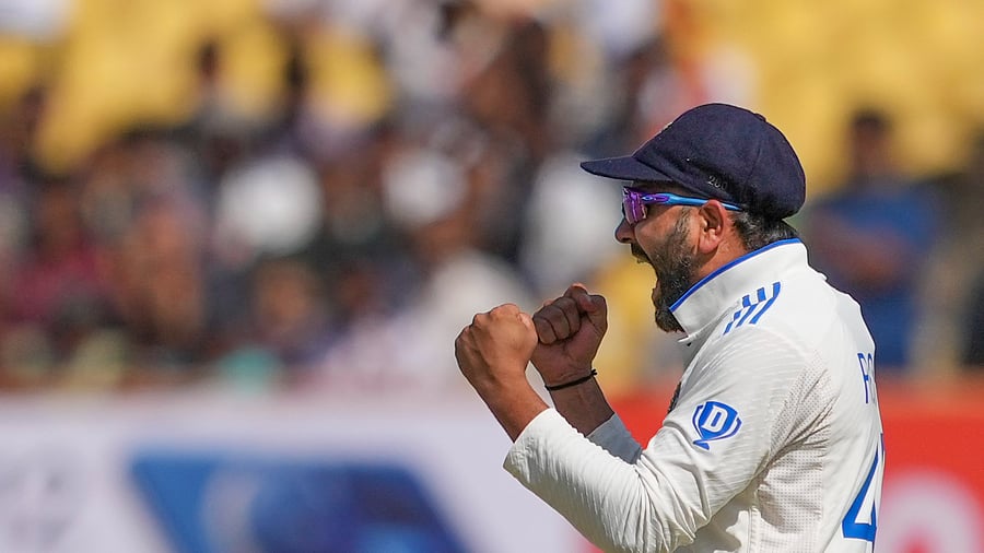 <div class="paragraphs"><p>Rohit Sharma celebrates the wicket of England's Ollie Pope during the 4th day of the 3rd cricket Test match between India and England, at Niranjan Shah Stadium, in Rajkot.</p></div>