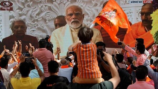 <div class="paragraphs"><p>Supporters of BJP celebrate as they watch a live stream of the consecration of the Ram temple in Ayodhya.</p></div>