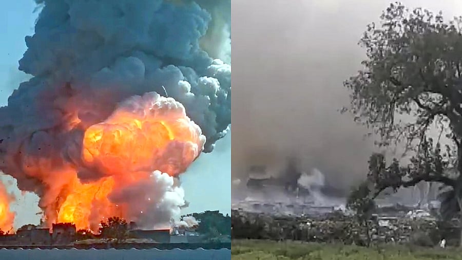 <div class="paragraphs"><p>Smoke rises after a massive fire broke out in a firecracker factory in Harda town.</p></div>