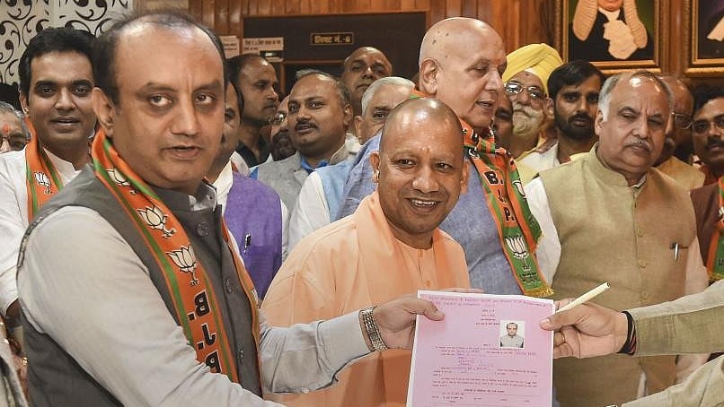 <div class="paragraphs"><p>BJP candidate Sudhanshu Trivedi filing his nomination papers for Rajya Sabha seat in presence of Uttar Pradesh Chief Minister Yogi Adityanath. Image from 2019.</p></div>