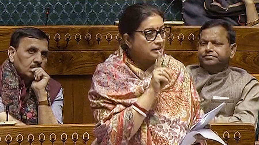 <div class="paragraphs"><p>Union Minister Smriti Irani speaks in the Lok Sabha during the Budget session of Parliament, in New Delhi, Wednesday, Feb 7, 2024.</p></div>