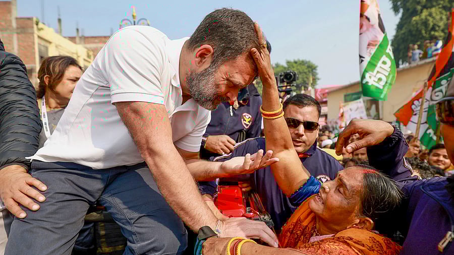 <div class="paragraphs"><p>Congress leader Rahul Gandhi with supporters during the Bharat Jodo Nyay Yatra, in Varanasi, Saturday, February 17, 2024. </p></div>