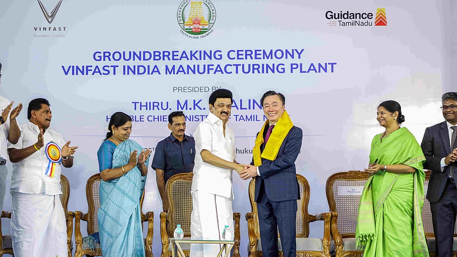 <div class="paragraphs"><p>CM Stalin and VinFast India CEO Pham Sanh Chau at the ground breaking ceremony in Tamil Nadu on Sunday.&nbsp;</p></div>