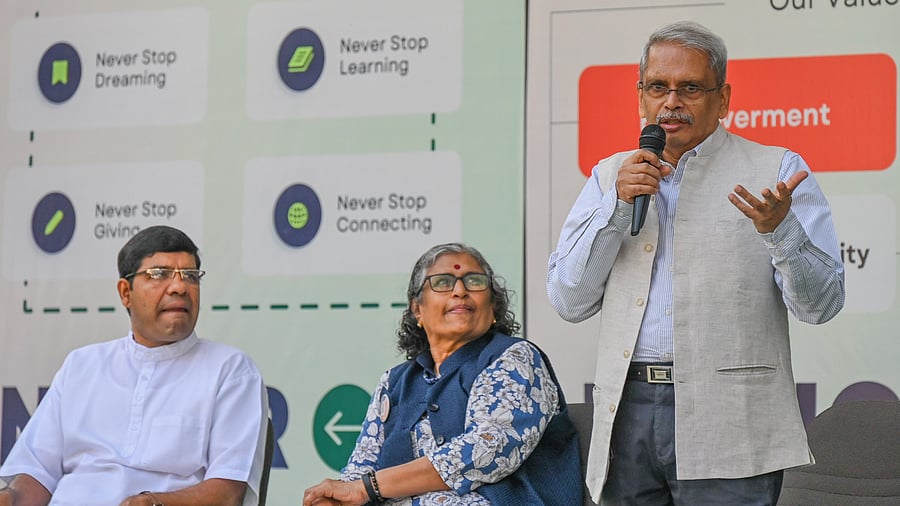 <div class="paragraphs"><p>Kris Gopalakrishnan, Infosys co-founder and founder of Vayah Vikas, at the event.&nbsp;Fr Olvin Veigas, of St Joseph’s Institute of Management, and Jamuna Ravi, CEO, Vayah Vikas, also seen. </p></div>