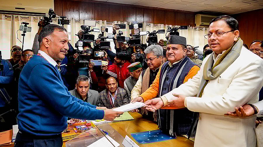 <div class="paragraphs"><p>Bharatiya Janata Party candidate Mahendra Bhatt files his nomination papers for Rajya Sabha polls in presence of Chief Minister Pushkar Singh Dhami, in Dehradun, Thursday, February 15, 2024. </p></div>