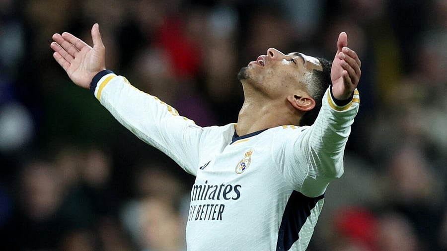 <div class="paragraphs"><p>Real Madrid's Jude Bellingham celebrates scoring their third goal</p></div>