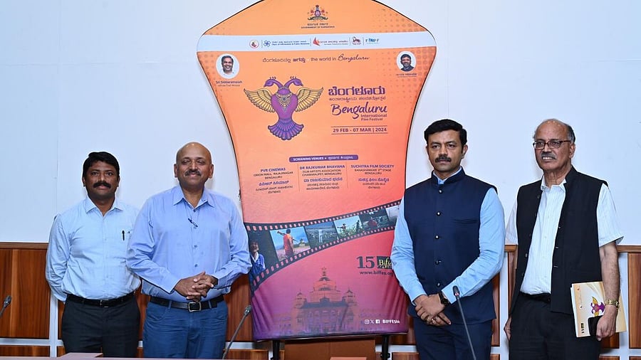 <div class="paragraphs"><p>(From left) Karnataka Chalanachitra Academy Registrar Hemantharaju G, DIPR Commissioner Nimbalkar, Secretary Trilok Chandra and artistic director of BIFFes, N Vidyashankar at the curtain raiser of the 15th Bengaluru International Film Festival (BIFFes).</p></div>