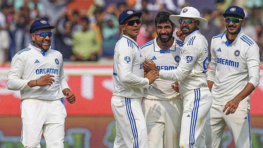<div class="paragraphs"><p>Jasprit Bumrah  celebrates the wicket of England's Joe Root during the second day of the second Test cricket match between India and England, at Dr. Y.S. Rajasekhara Reddy ACA-VDCA Cricket Stadium, in Visakhapatnam. </p></div>