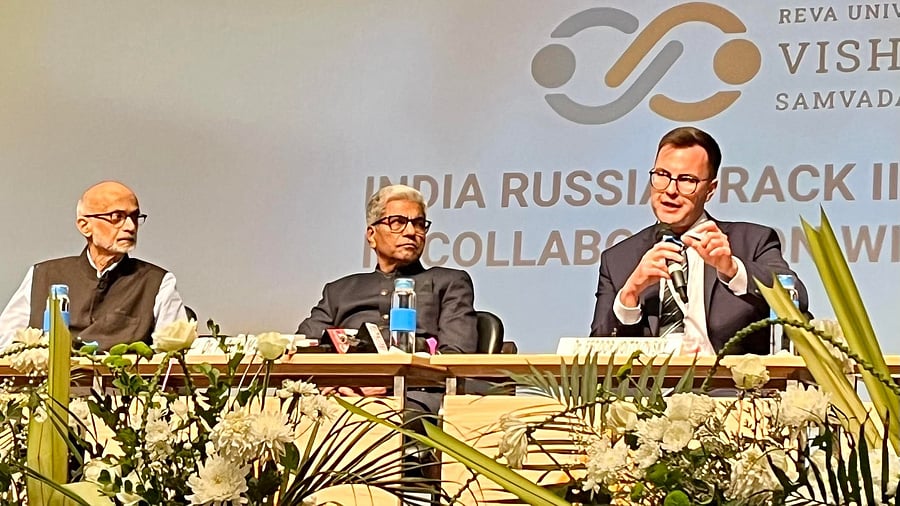 <div class="paragraphs"><p>(L-R)&nbsp;Madhav Das Nalapat,&nbsp;P Shyama Raju, and&nbsp;Feodor Voitolovsky during the media interaction on Wednesday. </p></div>