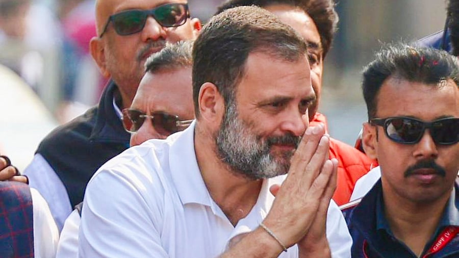 <div class="paragraphs"><p>Congress leader Rahul Gandhi greets supporters during the Bharat Jodo Nyay Yatra.  </p></div>