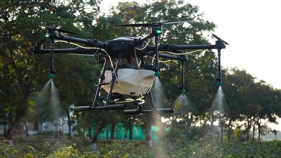 <div class="paragraphs"><p>A drone sprays pesticides at an agricultural farm in Telangana. </p></div>
