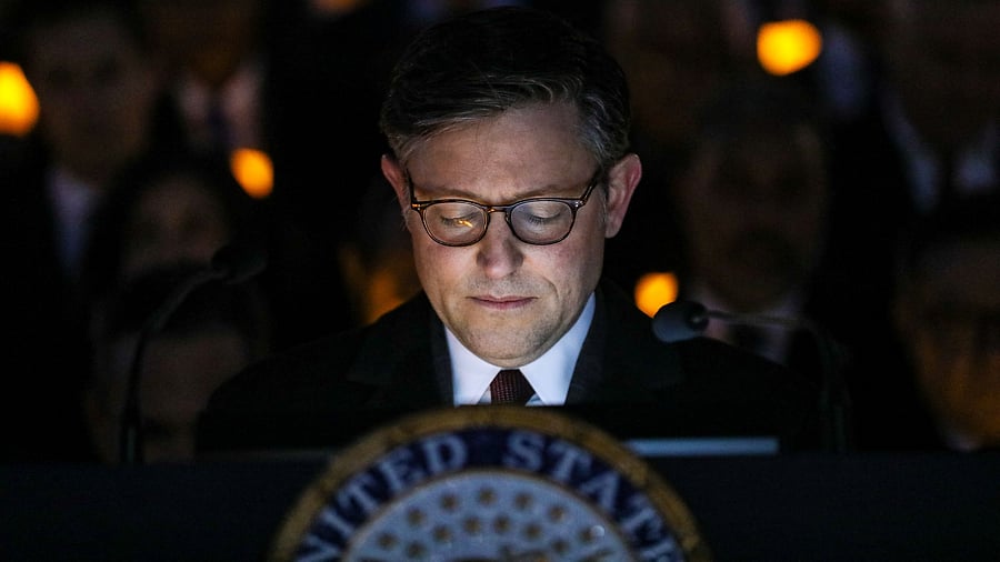 <div class="paragraphs"><p>US House Speaker Mike Johnson holds a moment of silence during a vigil held on the steps of the US House of Representatives with family members of hostages and victims of Hamas, in Washington, US, January 17, 2024. </p></div>