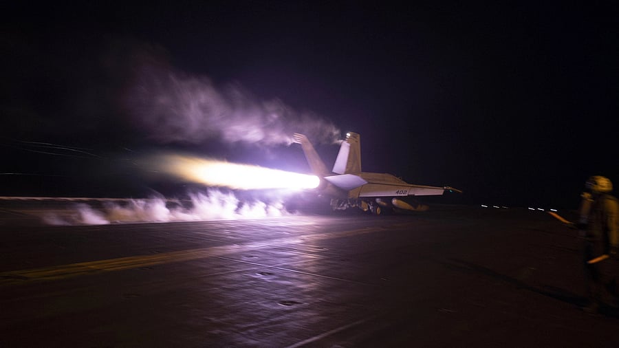 <div class="paragraphs"><p>This handout picture taken on January 22, 2024 shows flight operations from the USS Dwight D. Eisenhower (CVN 69) in response to increased Iranian-backed Houthi malign behavior in the Red Sea.</p></div>