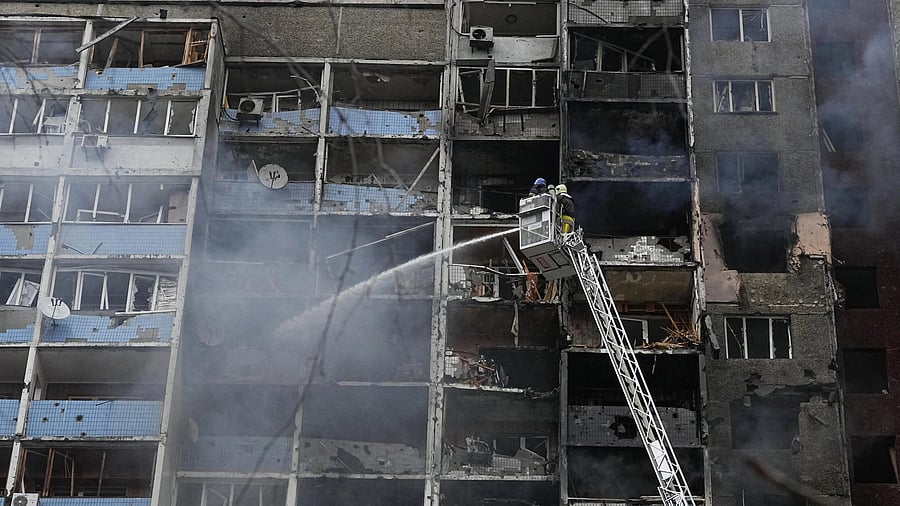 <div class="paragraphs"><p>Firefighters work to extinguish a fire in an apartment building after Russian attack in Ukraine. Image for Representation only.</p></div>