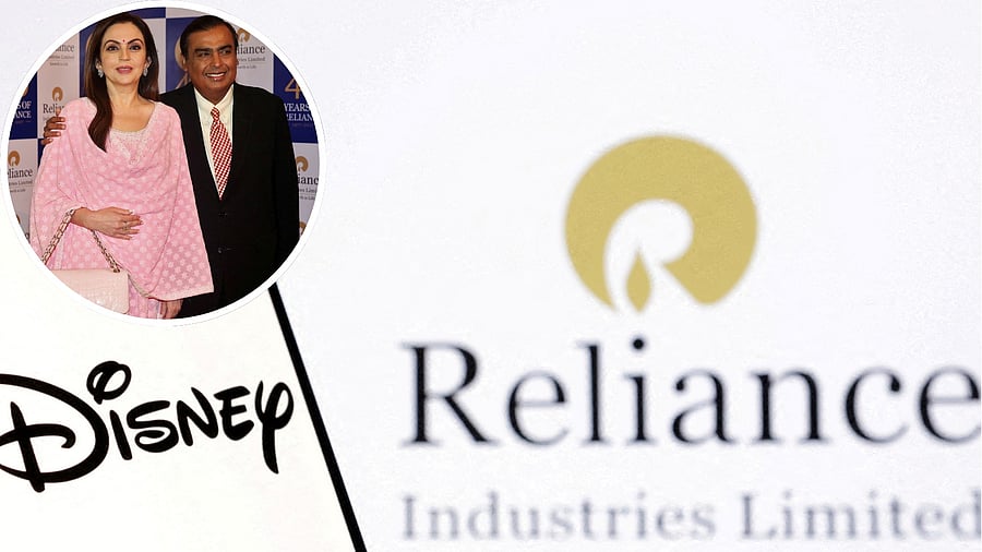 <div class="paragraphs"><p>A collage of the logos of Disney, RIL, and Mukesh and Nita Ambani.</p></div>
