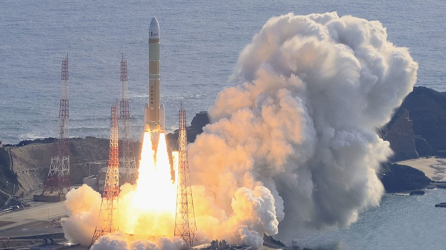 <div class="paragraphs"><p>An aerial view shows a second test model of H3 rocket lift off from the launching pad at Tanegashima Space Center on the southwestern island of Tanegashima, Kagoshima Prefecture, Japan February 17, 2024, in this photo taken by Kyodo. </p></div>