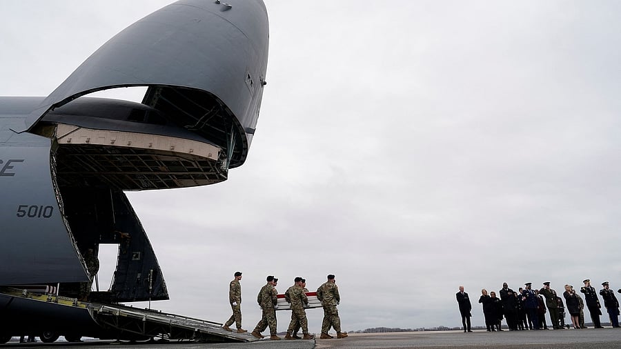 <div class="paragraphs"><p>US President Joe Biden, first lady Jill Biden attend the dignified transfer of the remains of three US service members who were killed in Jordan during a drone attack carried out by Iran-backed militants.</p></div>
