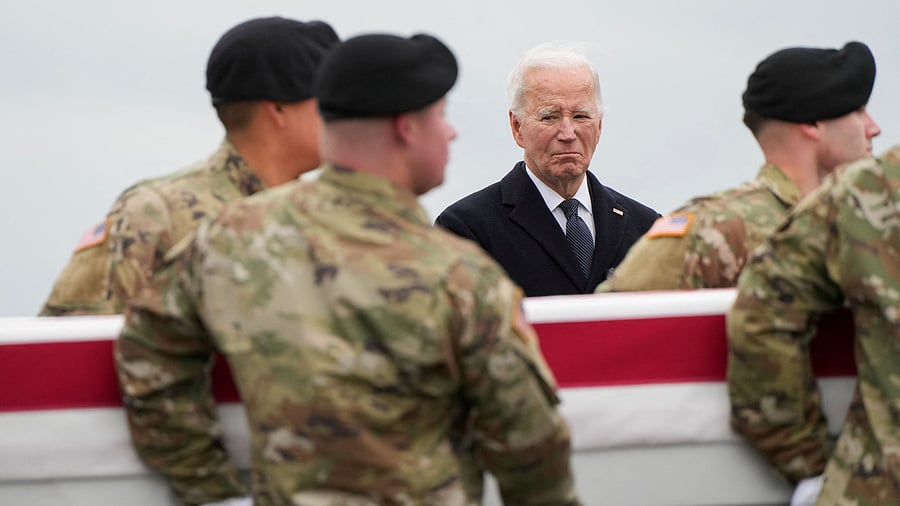 <div class="paragraphs"><p>US President Joe Biden attends the dignified transfer of the remains of Army Reserve Sergeants William Rivers, Kennedy Sanders and Breonna Moffett, three US service members who were killed in Jordan during a drone attack carried out by Iran-backed militants, at Dover Air Force Base in Dover, Delaware.</p></div>