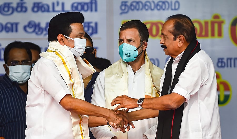 <div class="paragraphs"><p>A file phot of DMK president MK Stalin being greeted by MDMK general Secretary Vaiko as Congress leader Rahul Gandhi looks on during a public meeting in Tamil Nadu. </p></div>