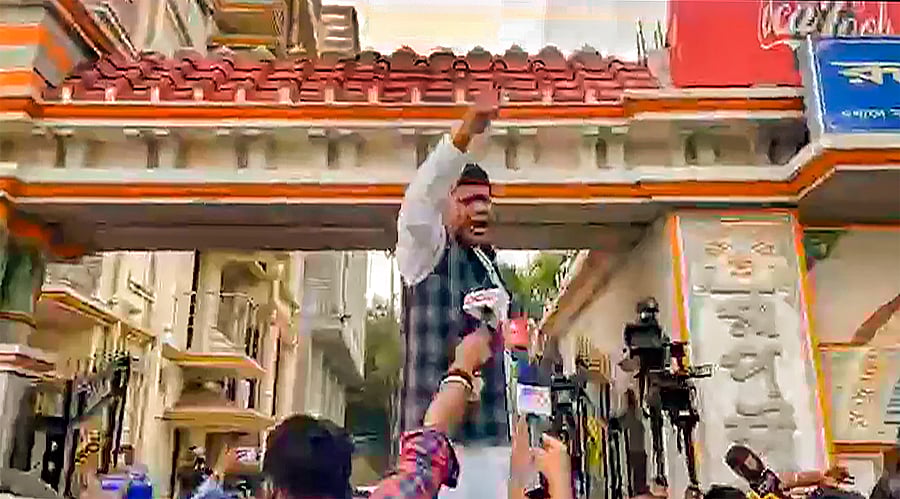 <div class="paragraphs"><p>West Bengal Bharatiya Janata Party (BJP) President Sukanta Majumdar talks to reporters just before his fall off the bonnet of a car amid Sandeshkhali protest, in North 24 Parganas district, Wednesday, Feb. 14, 2024. Majumdar sustained injuries and was admitted to a hospital later.  </p></div>