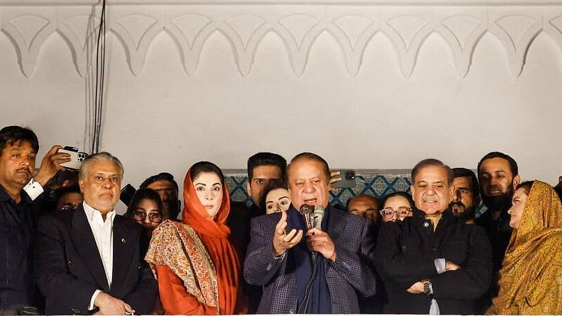 <div class="paragraphs"><p>Former PM of Pakistan Nawaz Sharif, his daughter and politician Maryam Nawaz Sharif, his brother and former Prime Minister Shahbaz Sharif, and former Information Minister Marriyum Aurangzeb gather at the party office of Pakistan Muslim League (N) at Model Town in Lahore. </p></div>