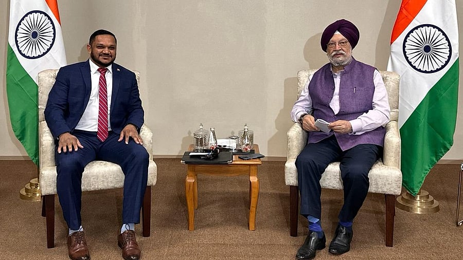 <div class="paragraphs"><p>Union minister Hardeep Singh Puri with&nbsp;Guyanese minister for natural resources Vickram Bharrat at the India Energy Week in Quitol, Goa, on Thursday, February 8, 2024.</p></div>