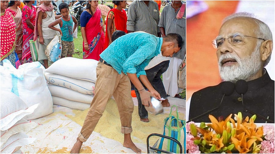<div class="paragraphs"><p>Beneficiaries receive grain bags under Pradhan Mantri Garib Kalyan Anna Yojana scheme(L), file photo of PM Modi. </p></div>