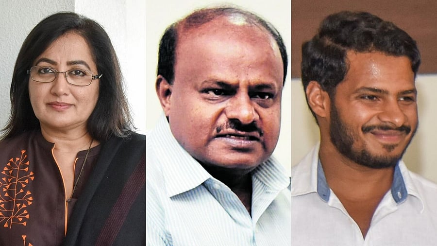<div class="paragraphs"><p>(From left to right) Independent MP from Mandya A Sumalatha, former Karnataka CM H D Kumaraswamy, and his son Nikhil Kumaraswamy.</p></div>