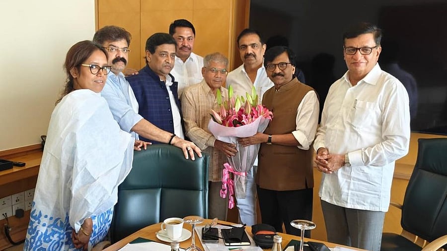 <div class="paragraphs"><p>Ambedkar with MVA leaders at a meeting on Friday.&nbsp;</p></div>