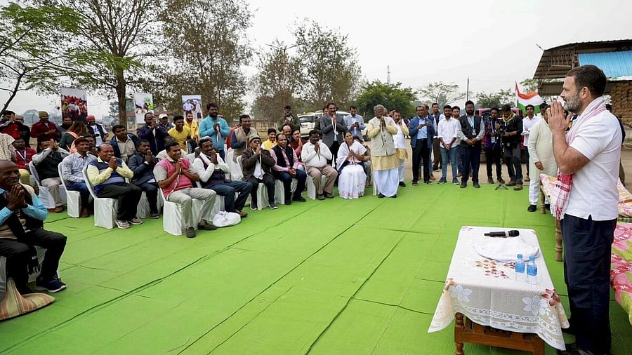 <div class="paragraphs"><p>Congress leader Rahul Gandhi interacts with farmers during the 'Bharat Jodo Nyay Yatra', in Ambikapur. </p></div>